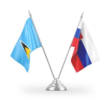 Slovakya ve Saint Lucia masa bayrakları beyaz zemin üzerinde izole edilmiş 3D görüntüleme
