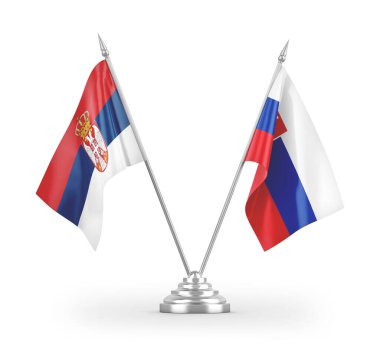 Slovakya ve Sırbistan masa bayrakları beyaz arkaplandaki 3d görüntülemede izole edildi
