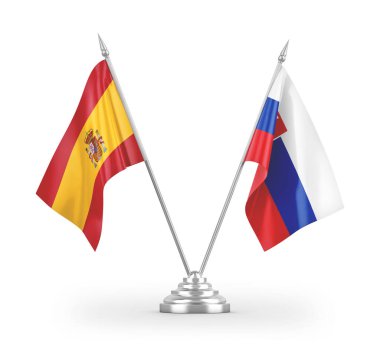 Slovakya ve İspanya masa bayrakları beyaz arkaplan 3D görüntüleme üzerinde izole edildi