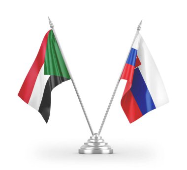 Slovakya ve Sudan masa bayrakları beyaz arkaplan 3D görüntüleme 