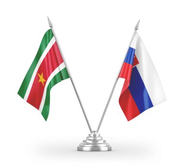 Beyaz arkaplan üzerinde izole edilmiş Slovakya ve Surinam tablo bayrakları 3d