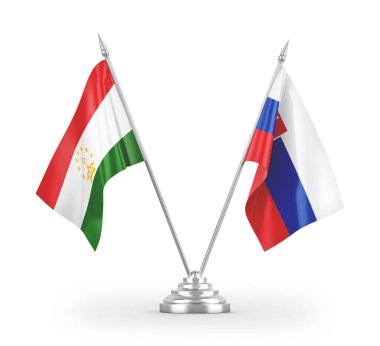 Beyaz arkaplanda izole edilmiş Slovakya ve Tacikistan masa bayrakları