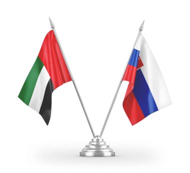 Slovakya ve Birleşik Arap Emirlikleri masa bayrakları beyaz zemin üzerinde izole edilmiş 3D görüntüleme