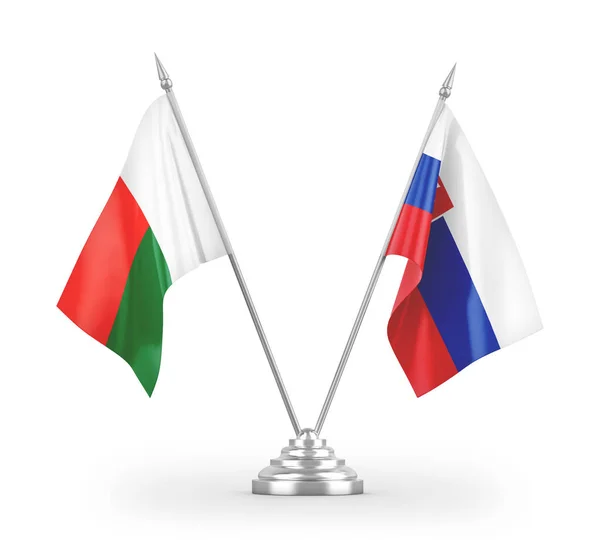 Bandeiras Mesa Eslováquia Madagascar Isoladas Fundo Branco Renderização — Fotografia de Stock