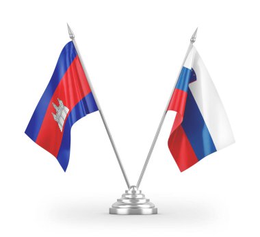 Slovenya ve Kamboçya masa bayrakları beyaz arkaplanda izole edilmiş 3d görüntüleme 