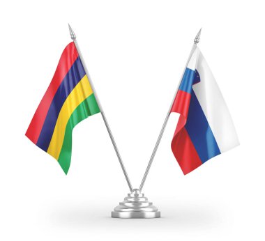 Slovenya ve Mauritius masa bayrakları beyaz arkaplanda izole edilmiş 3d görüntüleme