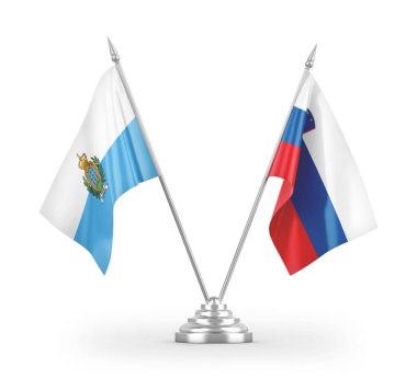 Slovenya ve San Marino masa bayrakları beyaz arka planda izole edilmiş 3D görüntüleme