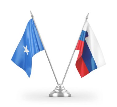 Slovenya ve Somali masa bayrakları beyaz arka planda izole edilmiş 3D görüntüleme