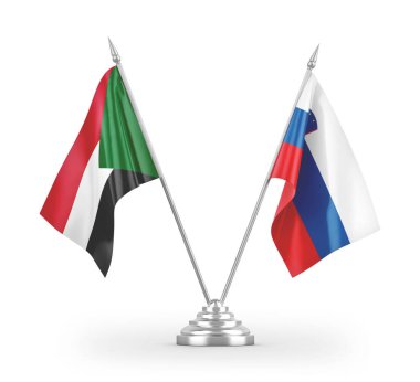 Slovenya ve Sudan masa bayrakları beyaz arkaplan 3D görüntüleme üzerinde izole edildi 