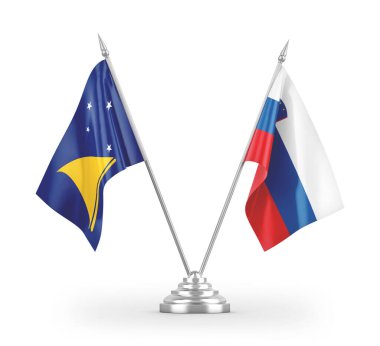 Slovenya ve Tokelau masa bayrakları beyaz arkaplan 3d görüntüleme üzerinde izole edildi