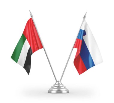 Slovenya ve Birleşik Arap Emirlikleri masa bayrakları beyaz zemin üzerinde izole edilmiş 3D görüntüleme