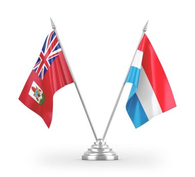 Beyaz arkaplanda izole edilmiş Lüksemburg ve Bermuda masa bayrakları 3D görüntüleme