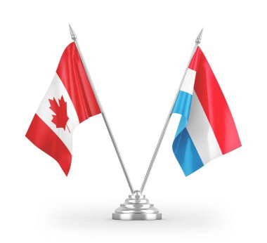 Lüksemburg ve Kanada masa bayrakları beyaz arkaplanda izole edilmiş 3D görüntüleme