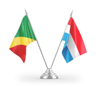 Lüksemburg ve Kongo masa bayrakları beyaz arkaplanda izole edilmiş 3d görüntüleme 