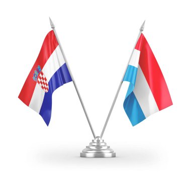 Lüksemburg ve Hırvatistan 'ın masa bayrakları beyaz arkaplandaki 3D görüntülere izole edildi