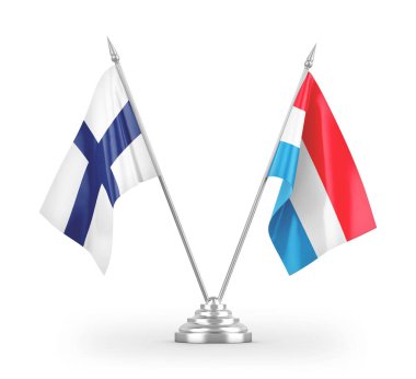 Lüksemburg ve Finlandiya masa bayrakları beyaz arkaplanda izole edilmiş 3d görüntüleme