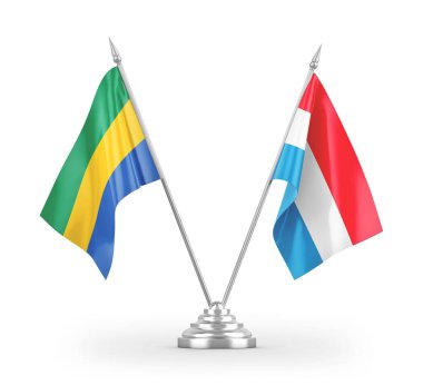 Lüksemburg ve Gabon masa bayrakları beyaz arkaplanda izole edilmiş 3d görüntüleme