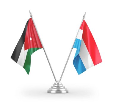 Lüksemburg ve Ürdün masa bayrakları beyaz arkaplanda izole edilmiş 3D görüntüleme