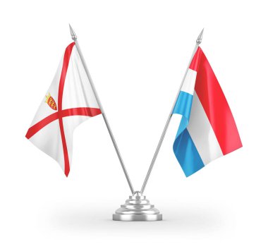 Lüksemburg ve Jersey masa bayrakları beyaz arka planda izole edilmiş 3D görüntüleme