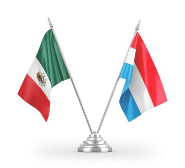 Lüksemburg ve Meksika masa bayrakları beyaz arka planda izole edilmiş 3D görüntüleme
