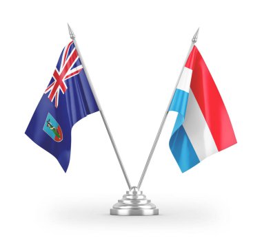 Lüksemburg ve Montserrat masa bayrakları beyaz arkaplanda izole edilmiş 3d görüntüleme