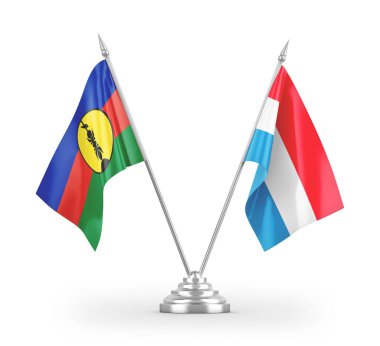 Beyaz arkaplanda izole edilmiş Lüksemburg ve Yeni Kaledonya masa bayrakları 3d