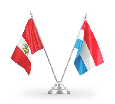 Lüksemburg ve Peru masa bayrakları beyaz arkaplanda izole edilmiş 3d görüntüleme