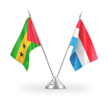 Lüksemburg ve Sao Tome ve Principe masa bayrakları beyaz arkaplandaki 3 boyutlu görüntüleme