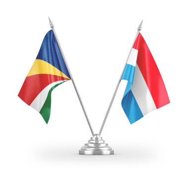 Lüksemburg ve Seyşeller masa bayrakları beyaz arkaplanda izole edilmiş 3d görüntüleme