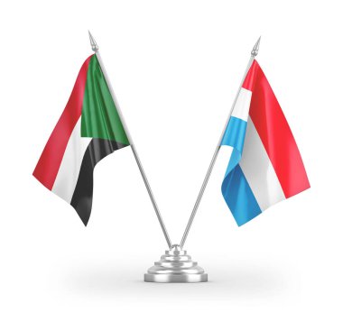 Beyaz arkaplanda izole edilmiş Lüksemburg ve Sudan masa bayrakları 3D görüntüleme 