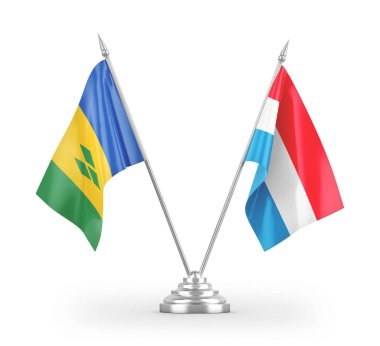 Lüksemburg ve Saint Vincent ve Grenadine masa bayrakları beyaz arka planda izole edilmiş 3D görüntüleme