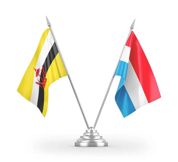 Bandiere Tavolo Lussemburgo Brunei Darussalam Isolate Sfondo Bianco Rendering — Foto Stock