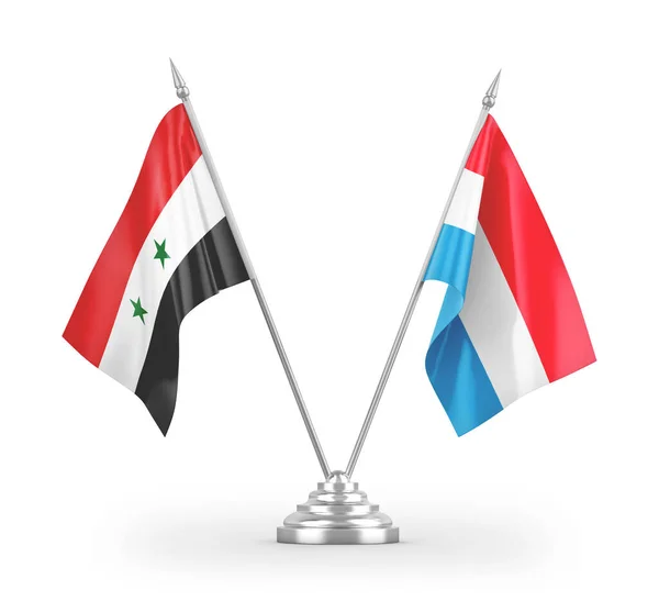 Banderas Mesa Luxemburgo Siria Aisladas Sobre Fondo Blanco — Foto de Stock