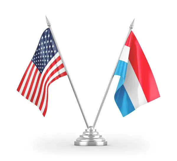 Bandiere Tavolo Lussemburgo Stati Uniti Isolate Sfondo Bianco Rendering — Foto Stock