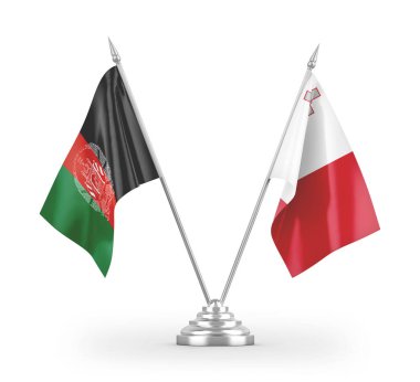 Malta ve Afganistan masa bayrakları beyaz arkaplanda izole edilmiş 3D görüntüleme