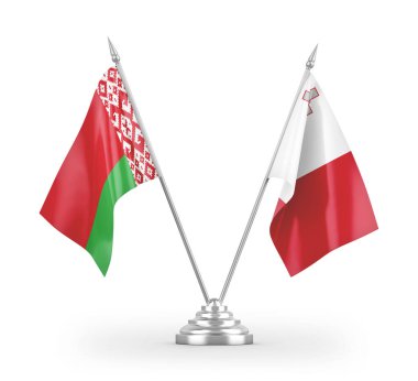 Beyaz arkaplan üzerinde izole edilmiş Malta ve Belarus masa bayrakları 3d