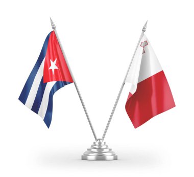 Beyaz arkaplan üzerinde izole edilmiş Malta ve Küba masa bayrakları