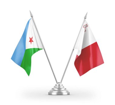 Beyaz arkaplanda izole edilmiş Malta ve Cibuti masa bayrakları 3d görüntüleme