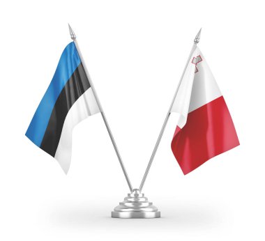 Beyaz arkaplan üzerinde izole edilmiş Malta ve Estonya masa bayrakları 3d