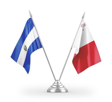 Malta ve El Salvador masa bayrakları beyaz arka planda izole edilmiş 3D görüntüleme