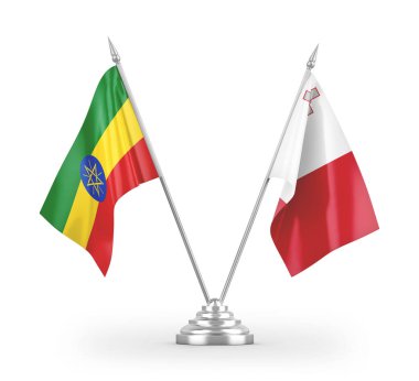 Beyaz arkaplan üzerinde izole edilmiş Malta ve Etiyopya masa bayrakları 3d