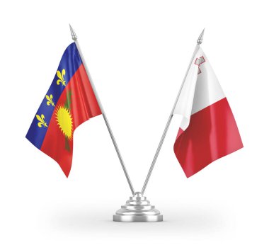 Beyaz arkaplan üzerinde izole edilmiş Malta ve Guadeloupe masa bayrakları 3d görüntüleme