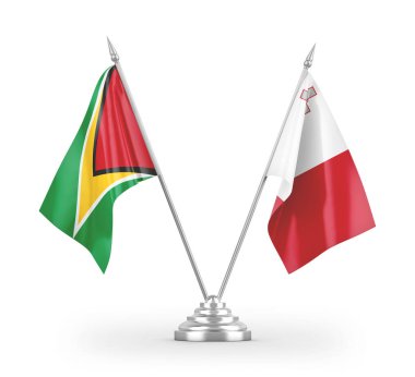 Beyaz arkaplan üzerinde izole edilmiş Malta ve Guyana masa bayrakları