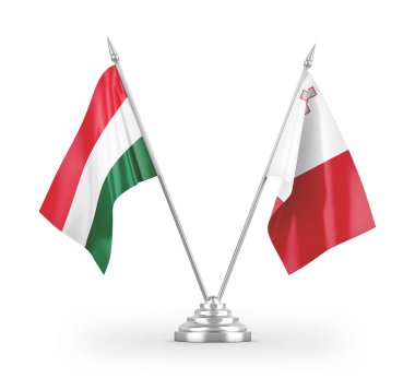 Malta ve Macaristan masa bayrakları beyaz arkaplan 3D görüntüleme üzerinde izole