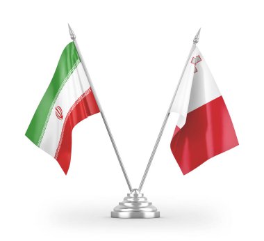 Malta ve İran masa bayrakları beyaz arkaplanda izole edilmiş 3D görüntüleme