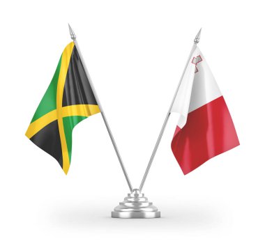 Beyaz arkaplandaki Malta ve Jamaika masa bayrakları 3 boyutlu görüntüleme