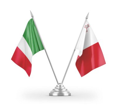 Malta ve İtalya masa bayrakları beyaz arkaplanda 3 boyutlu görüntüleme