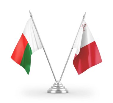 Malta ve Madagaskar masa bayrakları beyaz arkaplanda 3 boyutlu görüntüleme