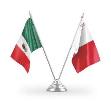 Malta ve Meksika masa bayrakları beyaz arkaplanda 3 boyutlu görüntüleme