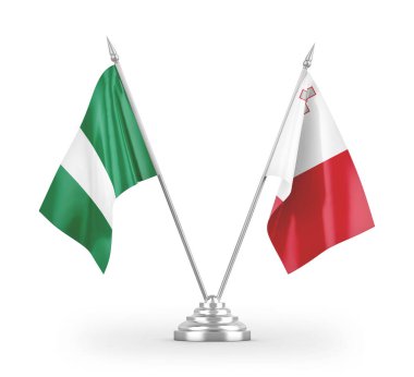 Malta ve Nijerya masa bayrakları beyaz arkaplanda 3 boyutlu görüntüleme